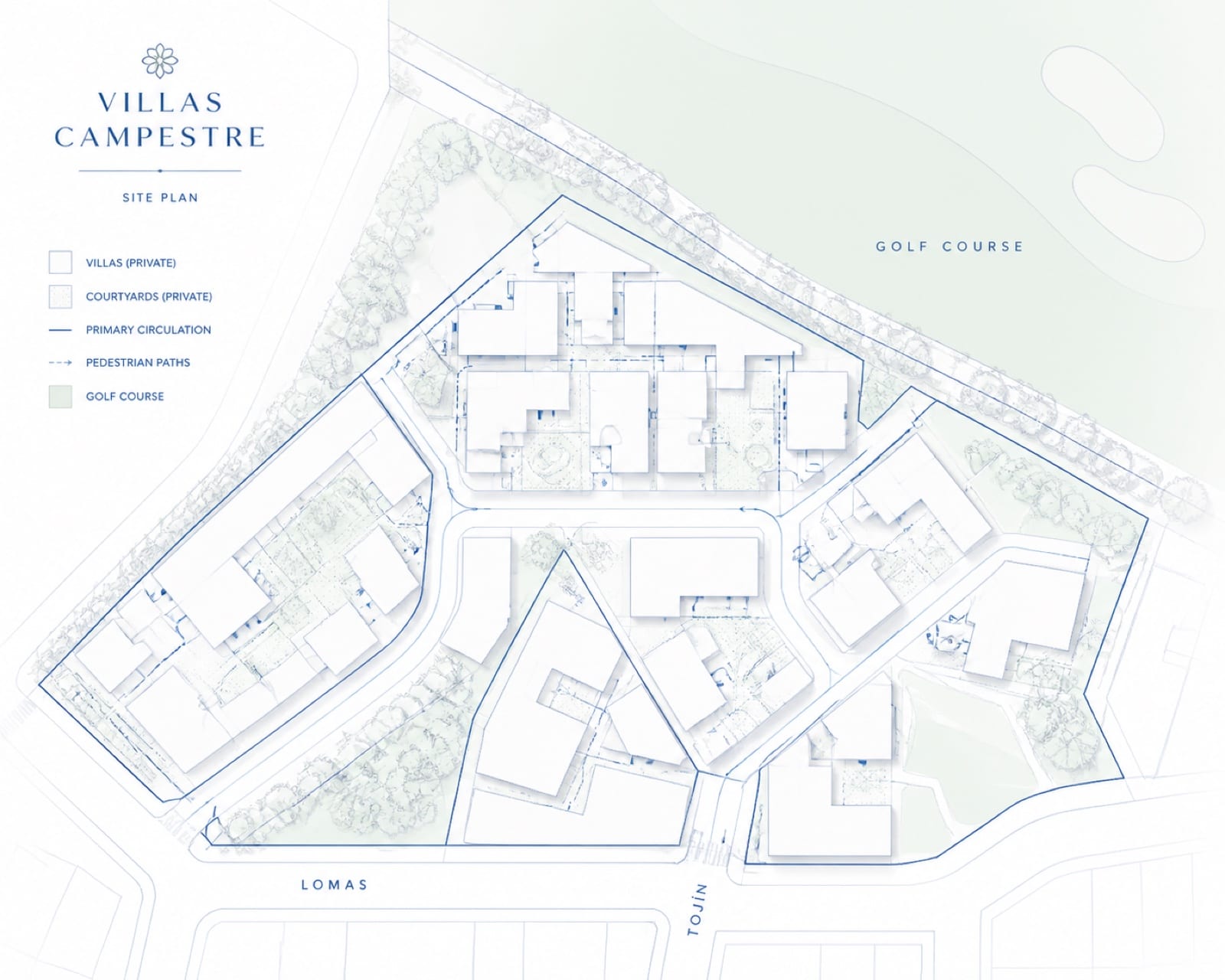 Plano del conjunto Villas Campestre: distribución de villas y patios privados, circulaciones y andadores peatonales, con el campo de golf de Club Campestre colindante.